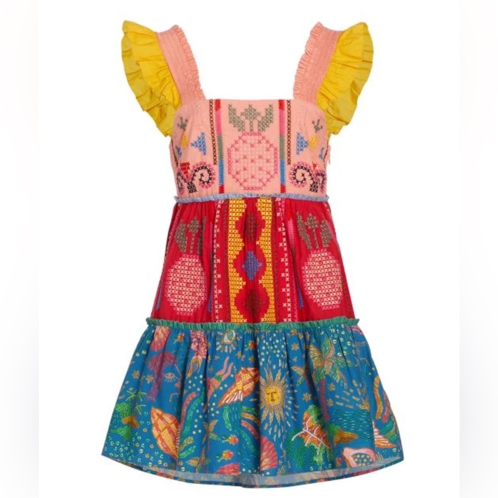 Farm Rio Cross-Stitch Tiered Cotton Minidress Medium